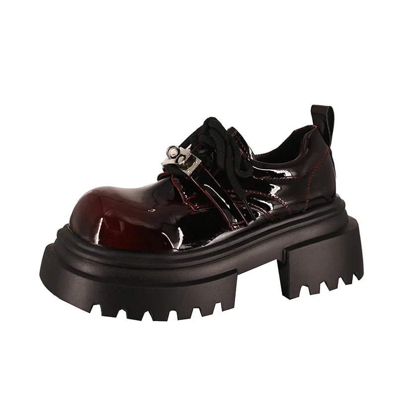 Women's Loafers Platform Sole Lace-up Sponge Cake Base Small Leather Shoes Dress Leisure Retro British Style Zapatillas De Mujer