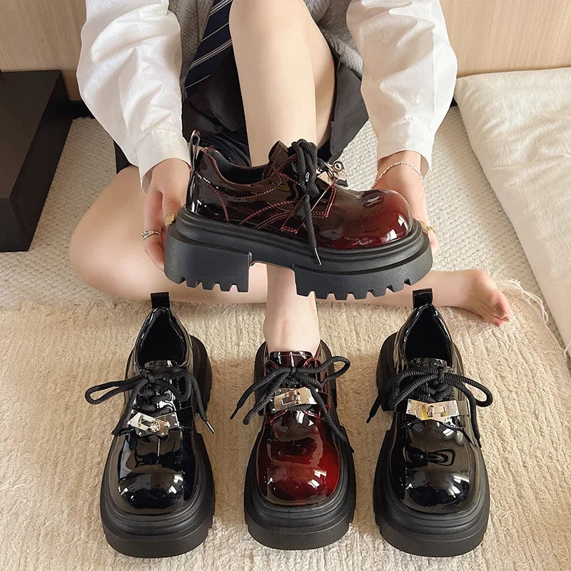 Women's Loafers Platform Sole Lace-up Sponge Cake Base Small Leather Shoes Dress Leisure Retro British Style Zapatillas De Mujer