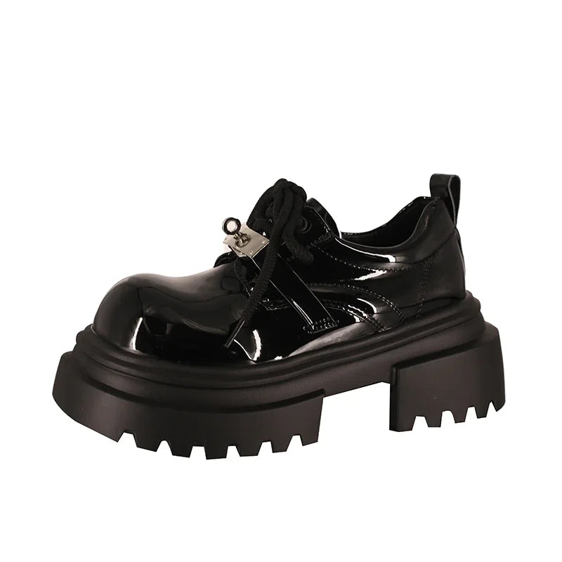 Women's Loafers Platform Sole Lace-up Sponge Cake Base Small Leather Shoes Dress Leisure Retro British Style Zapatillas De Mujer
