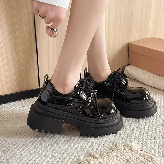 Women's Loafers Platform Sole Lace-up Sponge Cake Base Small Leather Shoes Dress Leisure Retro British Style Zapatillas De Mujer